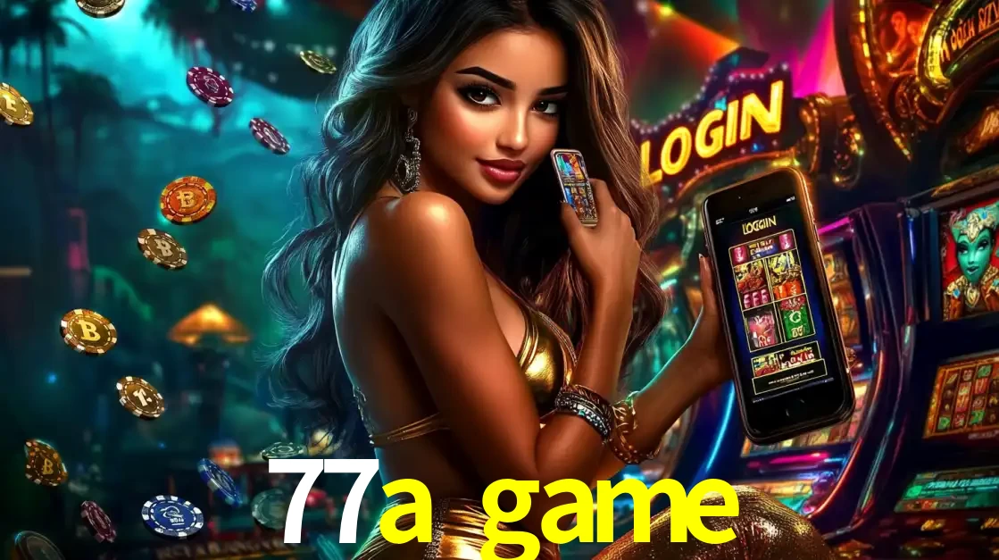 Mulher em um cenário de cassino temático de aventura, mostrando o app de caça-níqueis da 77a game no celular. Fichas de apostas flutuam ao redor.