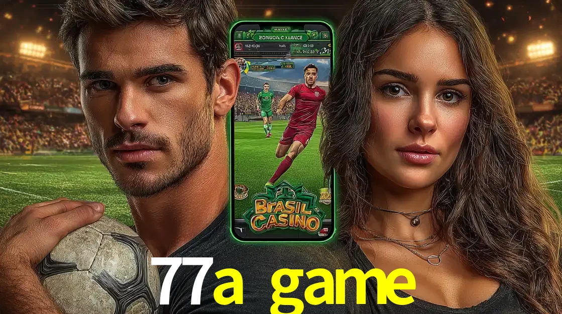 Homem segurando uma bola de futebol e uma mulher ao lado de um smartphone exibindo o jogo de apostas esportivas da 77a game. Faça seu palpite no cassino online.